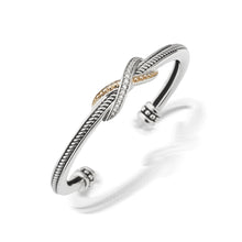 Load image into Gallery viewer, Women's Sterling Silver and 14 karat Yellow Gold Apollo Curve Cuff Bracelet with Pave Diamonds
