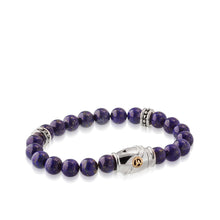 Load image into Gallery viewer, Women's Sterling Silver with 14 karat Yellow Gold Solar Lapis Beaded Bracelet with magnetic clasp